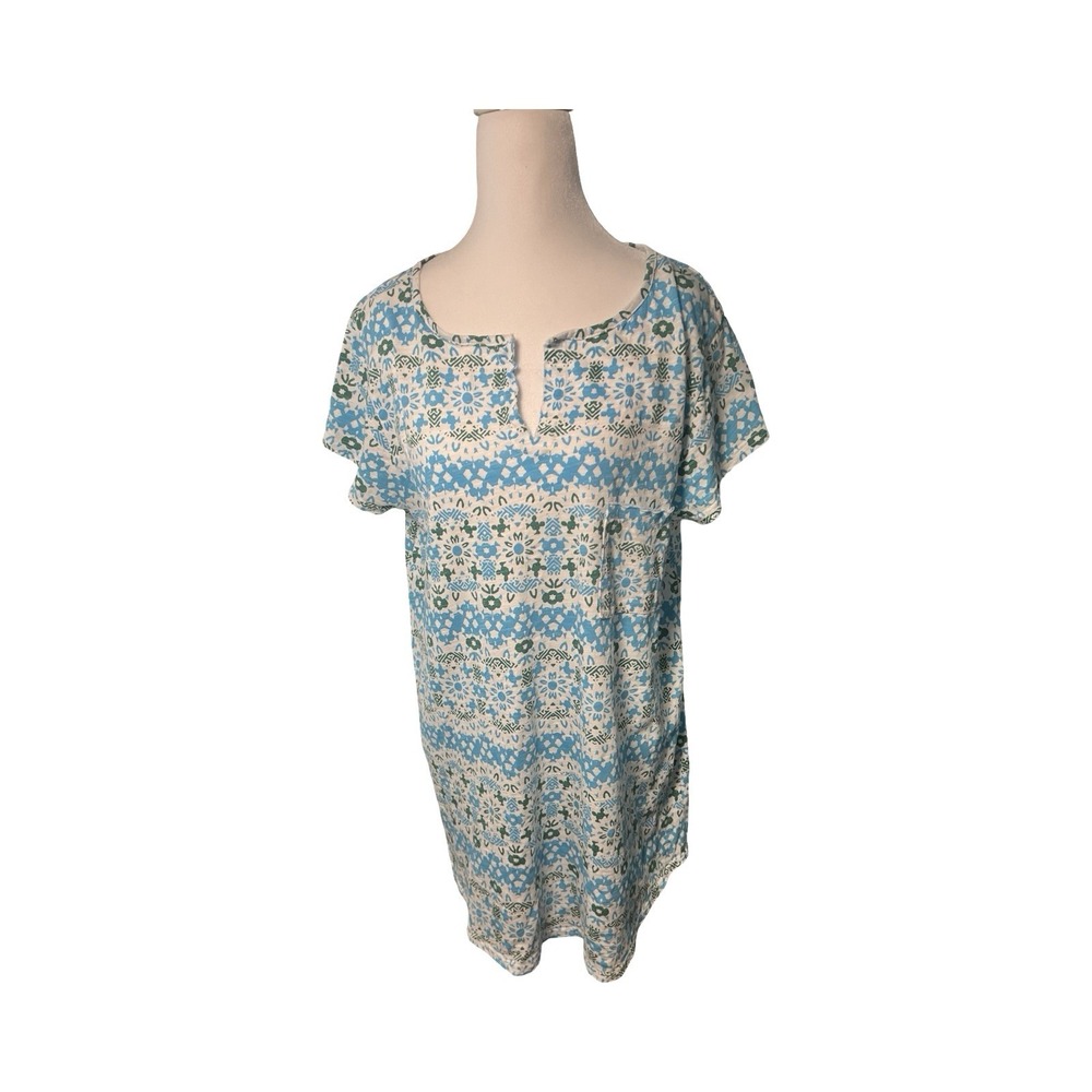 Fresh Produce Womens Blue Green Floral Cotton Shift T-Shirt Dress LG Made in USA